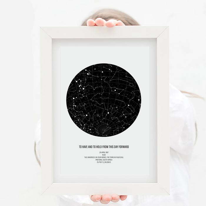 personalised star map poster in white frame