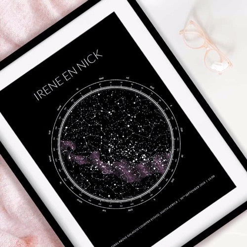 personalised star map with black frame