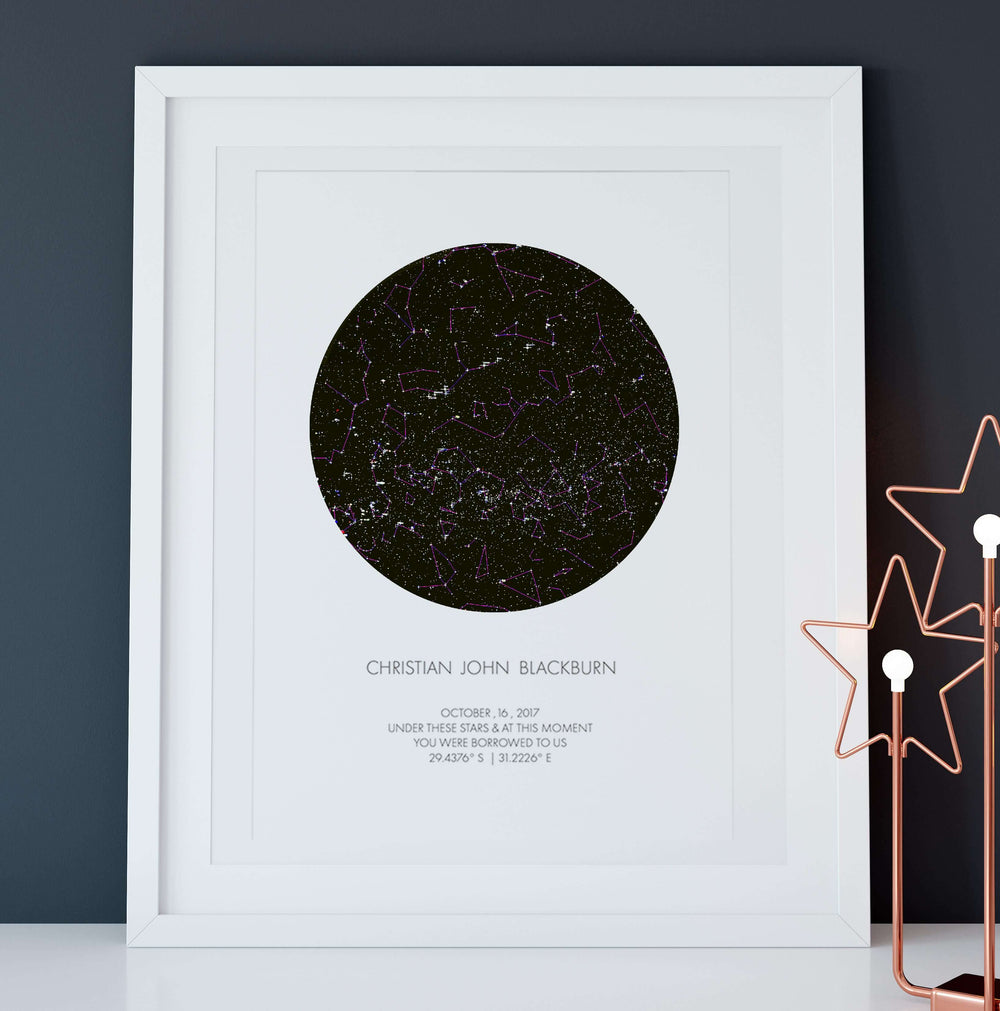 PERSONALISED STAR MAP - UNDER THESE STARS (with constellation lines) - Georgie & Moon