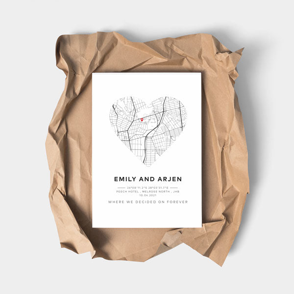 personalised city map with heart shape print