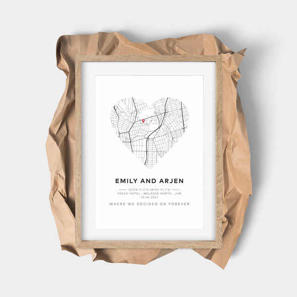personalised city map with heart shape in wooden frame