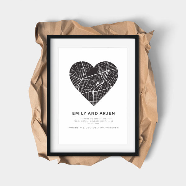 personalised city map with heart shape in black frame