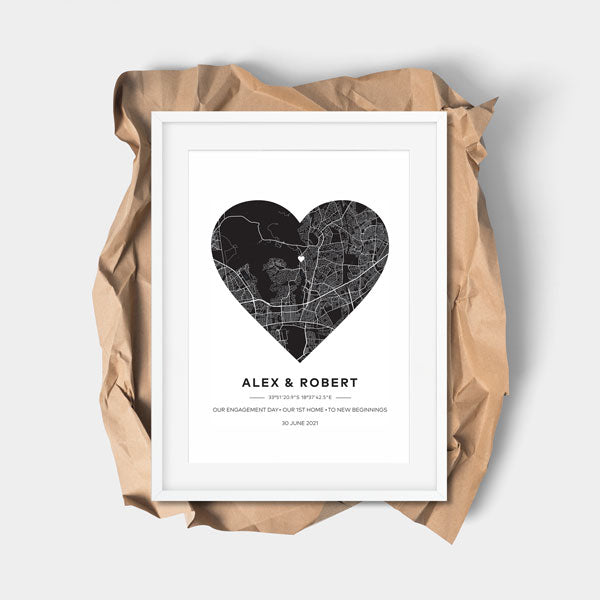 personalised city map with heart shape in white frame