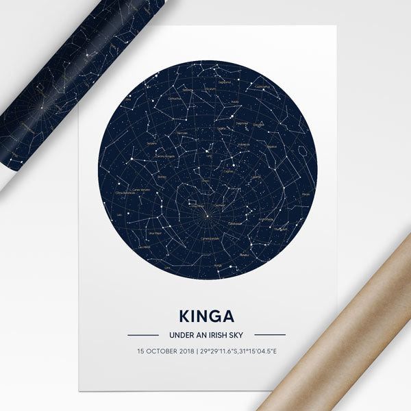 birthday poster with constellation lines and planets 