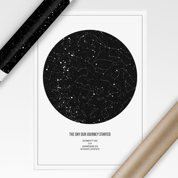 custom star map print on white poster with mailing tube