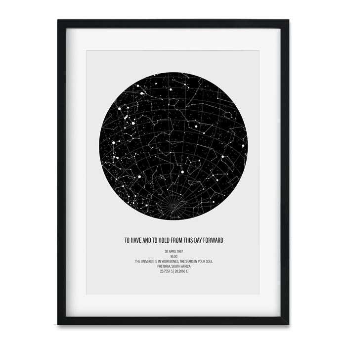 personalised star map poster in white frame