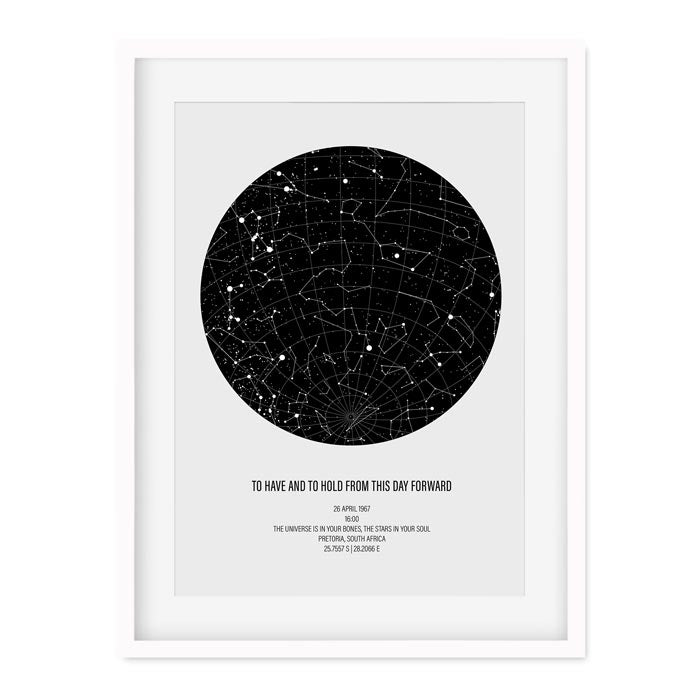 personalised star map poster in white frame