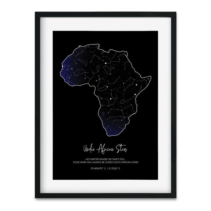 framed African star map on black background - South Africa