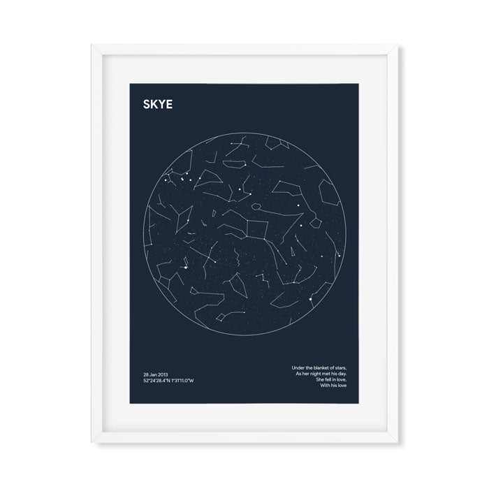 personalised star map framed poster in white frame