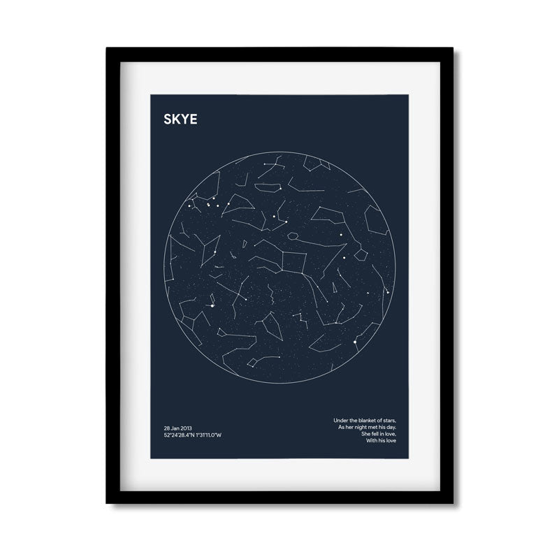 personalised star map framed poster in black frame