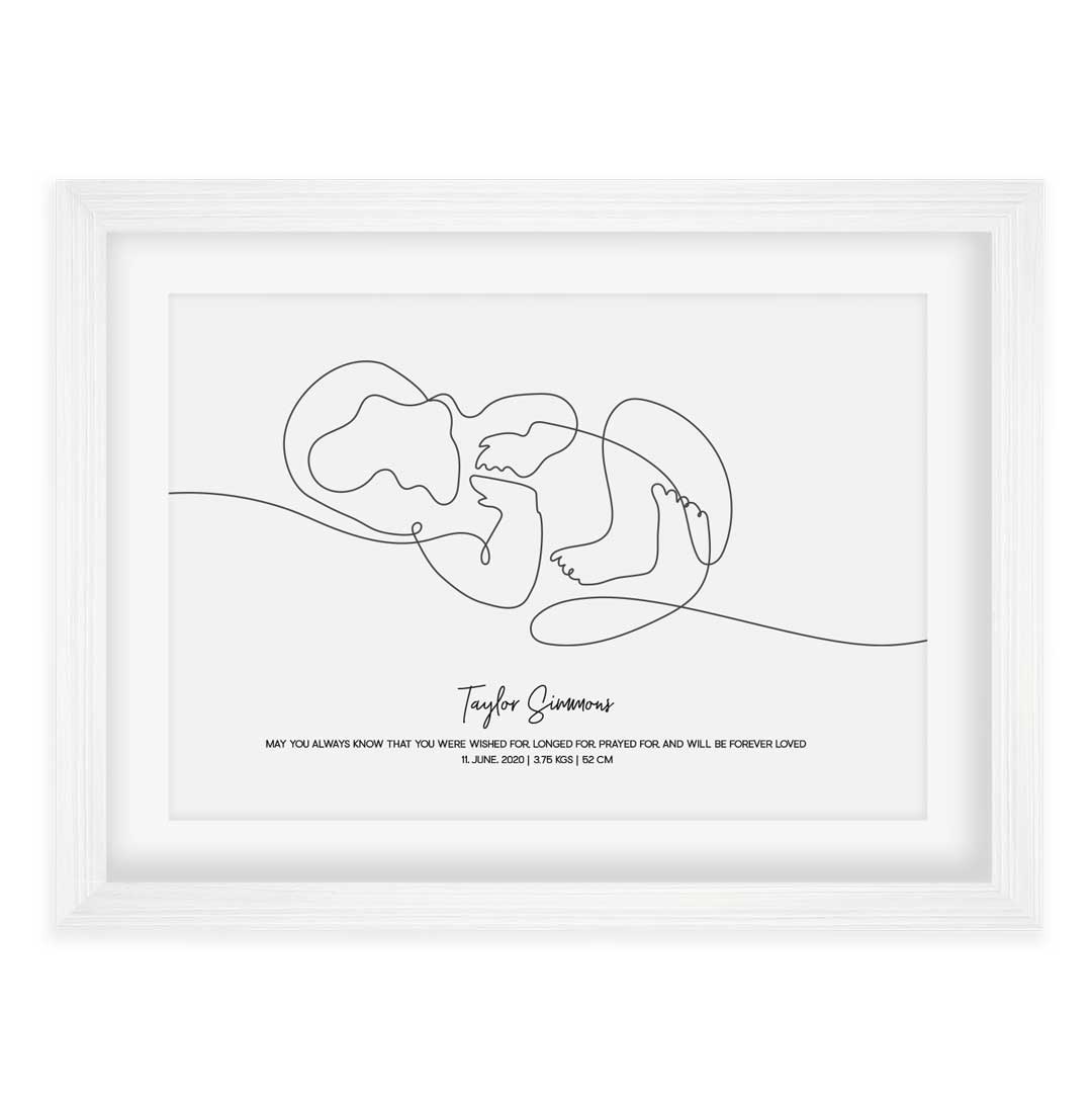 personalised baby nursery line art poster in white frame