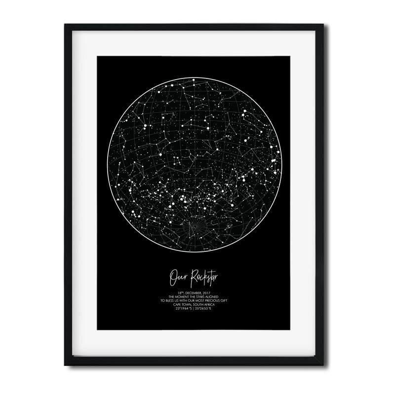 star map in a black frame on black background