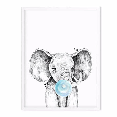 elephant wild animal art print blue - baby room decor 
