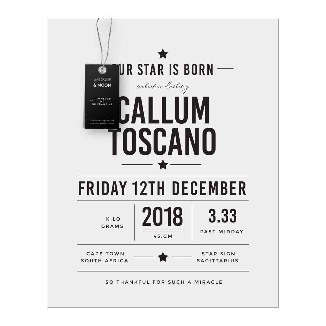 PERSONALISED BIRTH ANNOUNCEMENT - OUR STAR IS BORN - Georgie & Moon