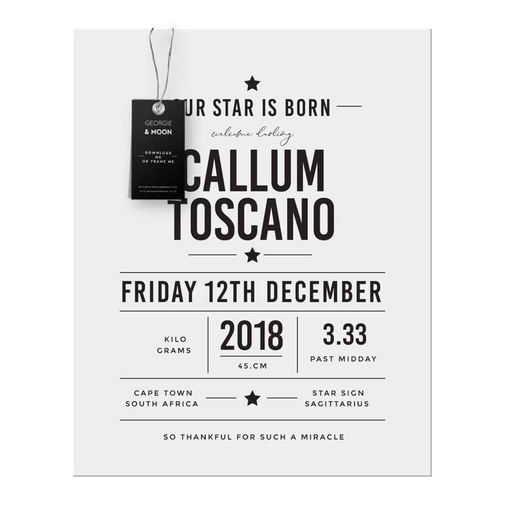PERSONALISED BIRTH ANNOUNCEMENT - OUR STAR IS BORN - Georgie & Moon
