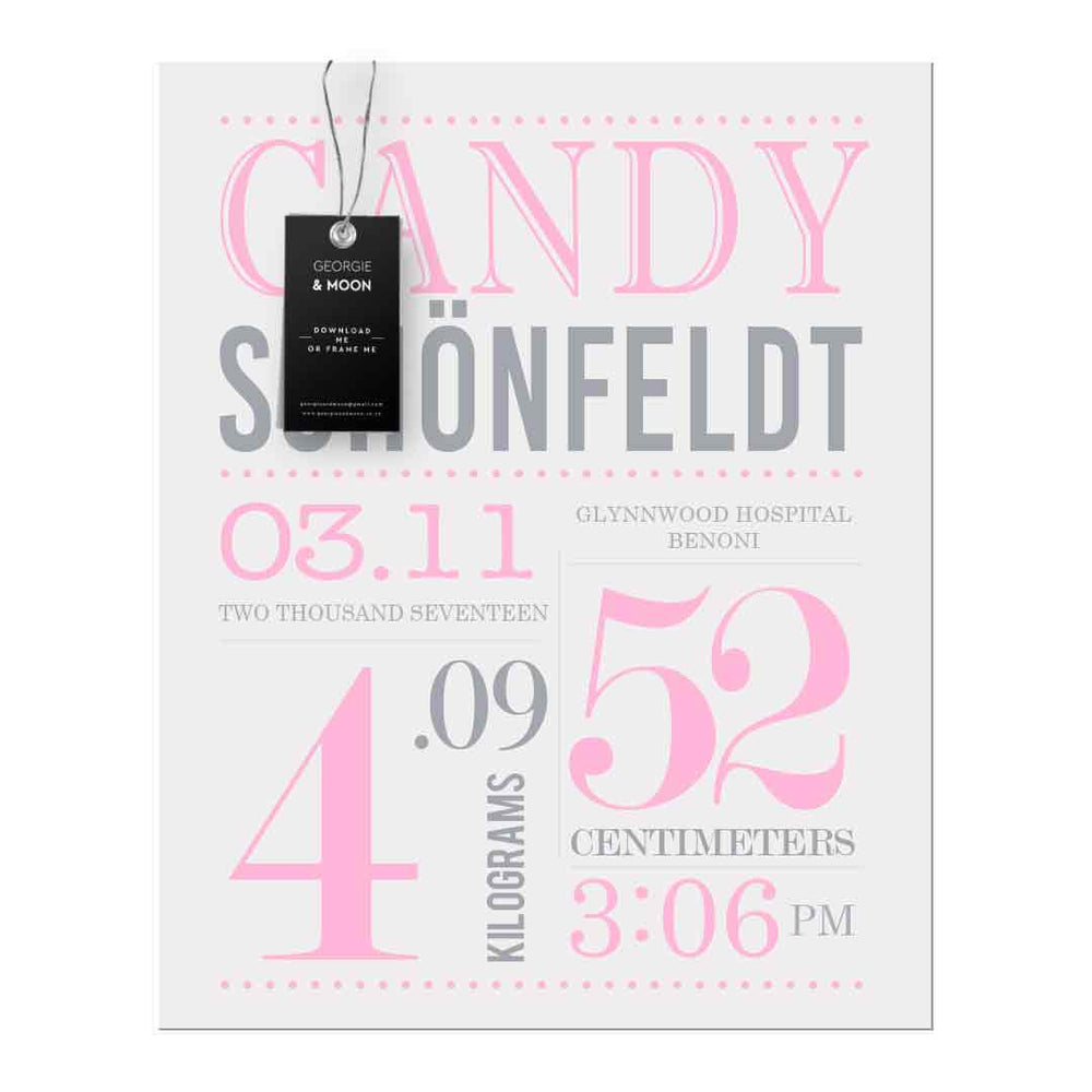 PERSONALISED BIRTH ANNOUNCEMENT & STATISTICS - Georgie & Moon