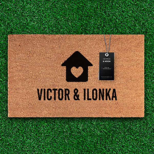 Personalised Doormat House with Heart and Names