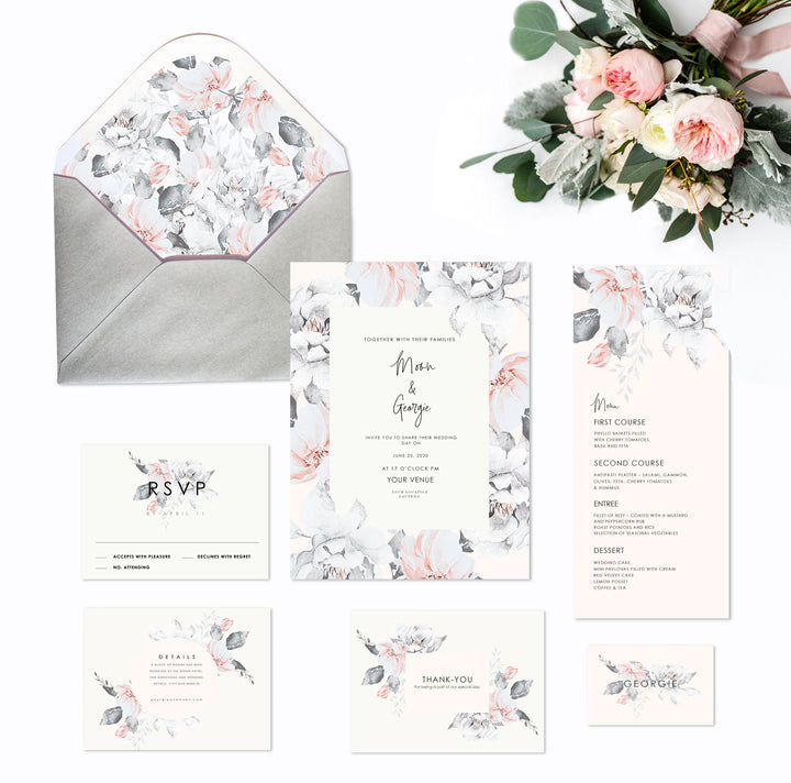 FLORAL WEDDING INVITATION SET - GREY & PINK - Georgie & Moon