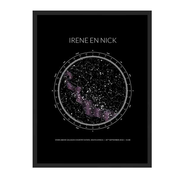 personalised star map with black frame