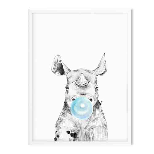 rhino wild animal art print blue - baby room decor 