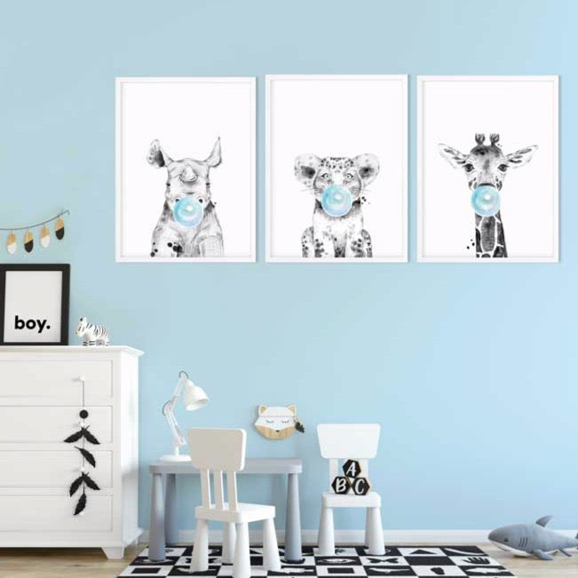 wild animal art print blue - baby room decor 