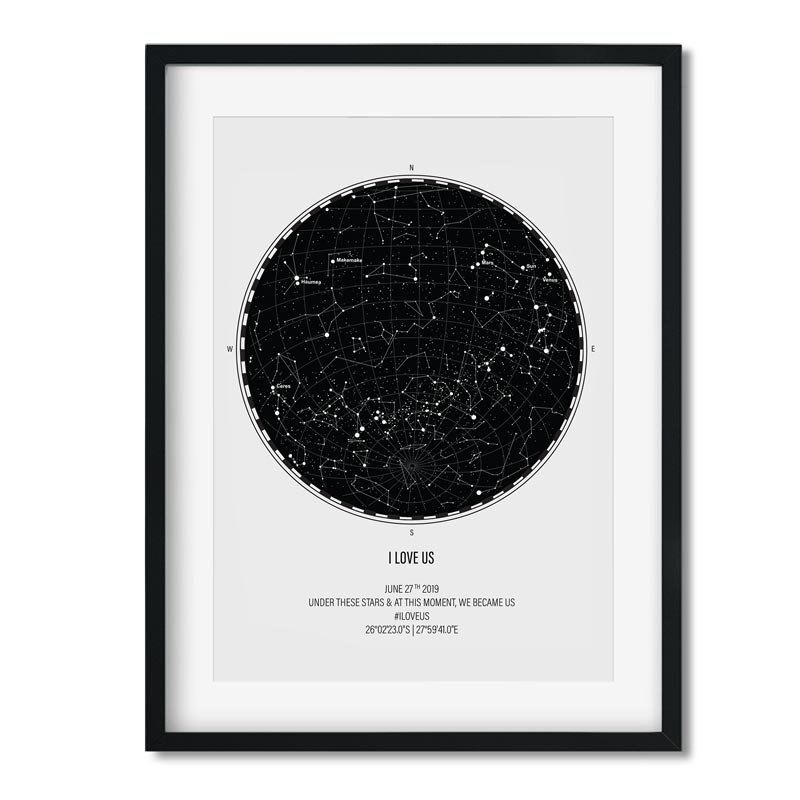 personalised star map with grid in black frame